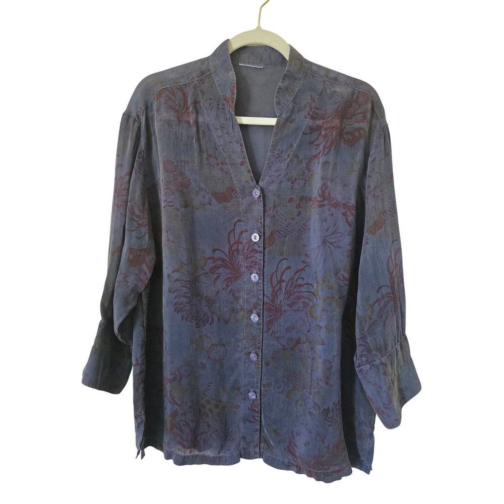Tianello Womens Large Asian Floral Garment Dyed Rayon Bohemian Satin Tunic Top